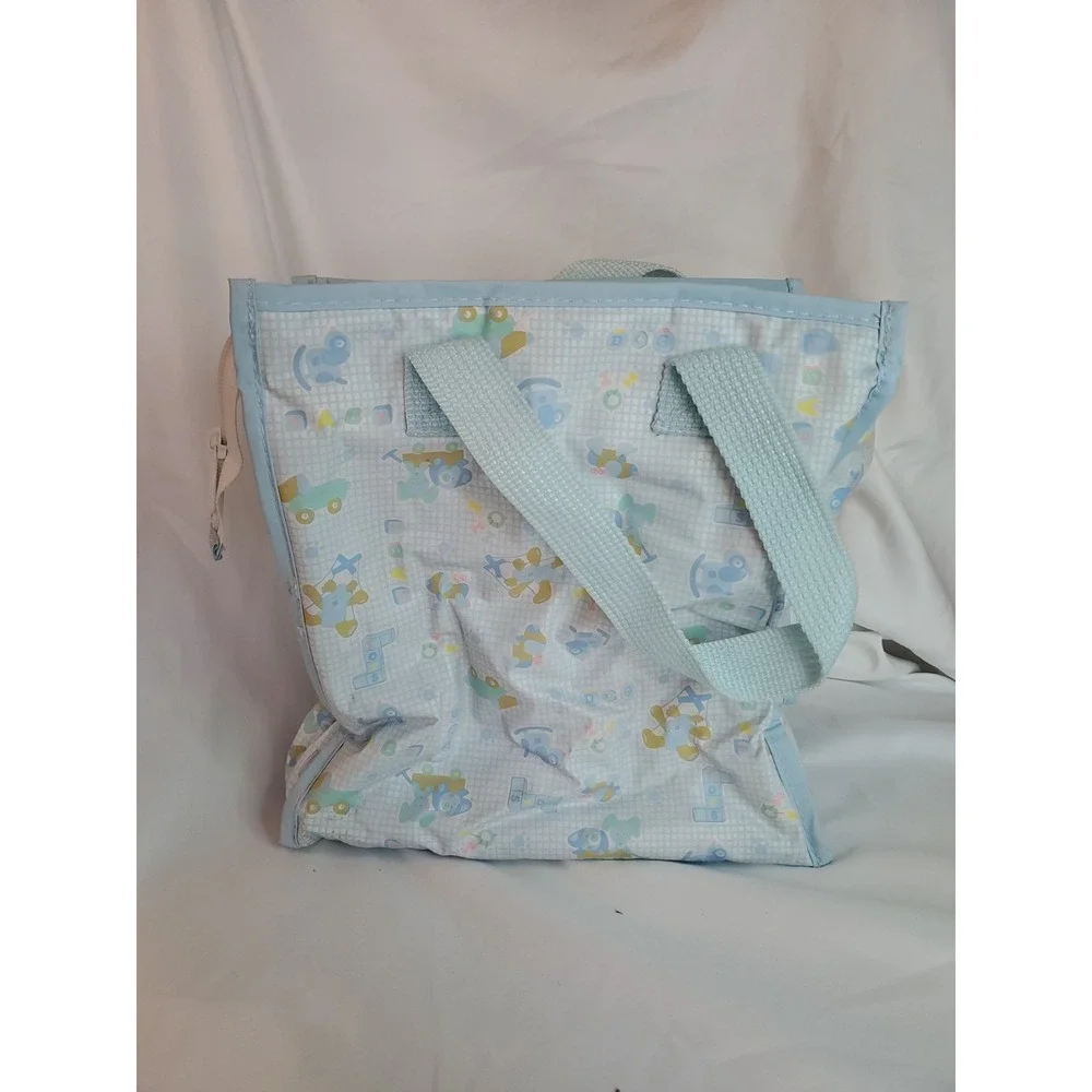 Vtg Plastic Blue Embroidered Baby Diaper bottle Bag Rocking Horse Block Bear 90s